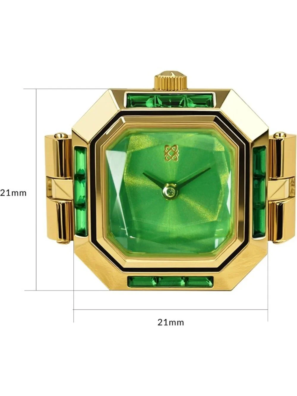 Unisex Gold Green Analog Quartz Gem Cut Lab Grown Sofia Prism Finger Ring Watch